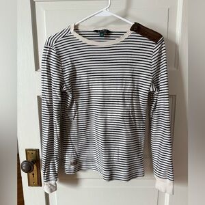 Ralph Lauren Navy and White Striped Top with suede accents women’s size Medium